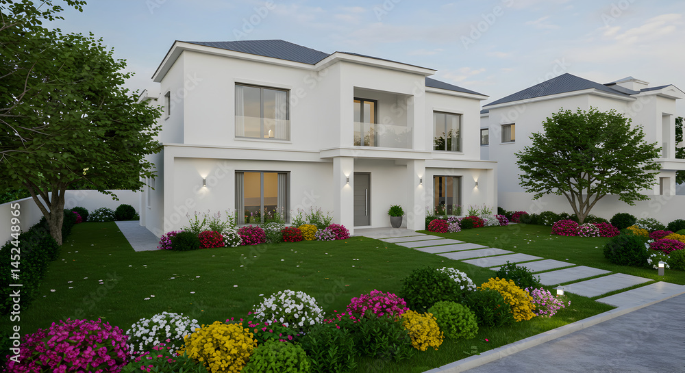 Fototapeta premium Contemporary Home Exterior Design With Lush Landscaping And Modern Architecture