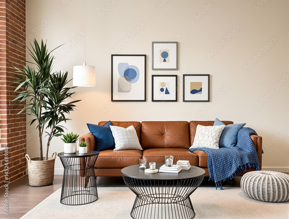 Obraz premium brown leather sofa with blue and white throw pillows in a contemporary living room