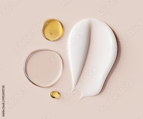 Cosmetic product textures, beauty and skincare ingredient concept. 3d rendering moisturizer cream swipe and face serum puddles and drop