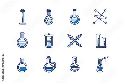 Chemistry or science research laboratory equipment line icons. Pharmacy lab glassware, beakers, test tube and flasks pictograms vector set. Illustration of glass lab beaker, glassware and medical icon