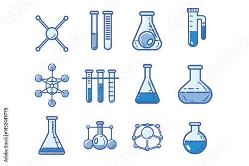 Chemistry or science research laboratory equipment line icons. Pharmacy lab glassware, beakers, test tube and flasks pictograms vector set. Illustration of glass lab beaker, glassware and medical icon