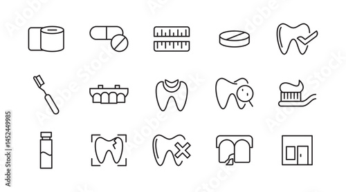 Dental line icon set. Related to tooth, dentist, toothpaste, toothbrush, teeth, implant, clean teeth, dentist, implant, braces line icon set. UI thin line icon pack.