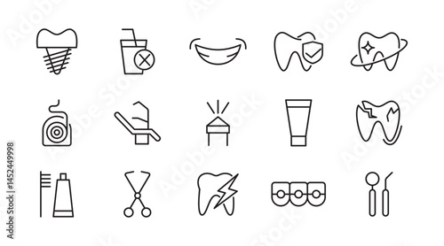 Dental line icon set. Related to tooth, dentist, toothpaste, toothbrush, teeth, implant, clean teeth, dentist, implant, braces line icon set. UI thin line icon pack.