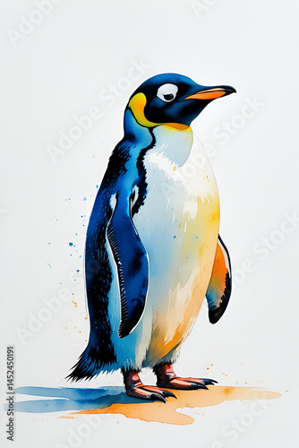 Multicolour Watercolour Penguin Wall Art – Playful Arctic Bird Illustration for Nursery, Living Room, or Winter-Themed Decor photo