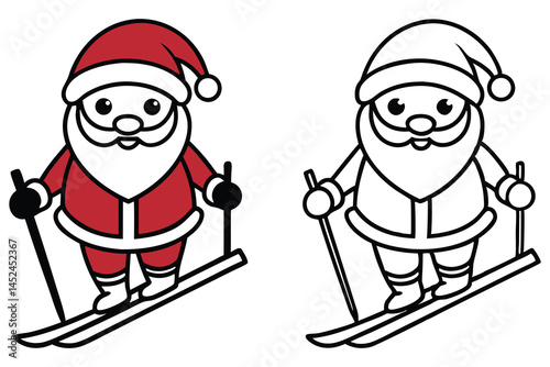One Santa Clause skiing with a red suit and another is outlined, transparent background