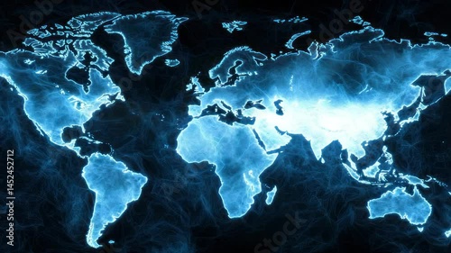 Glowing blue light world map with continent outline on dark background digital global map