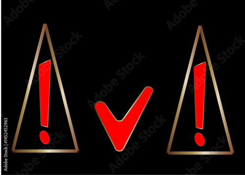 Three symbols: two red exclamation marks in gold triangles and a red check mark on a black background with copy space