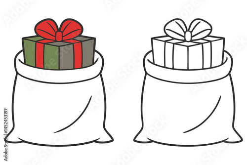 Santa's sack is full of holiday gifts, awaiting colors on white background