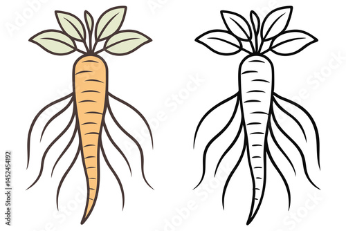 A cartoon carrot and its monochrome version offer simple coloring page joy