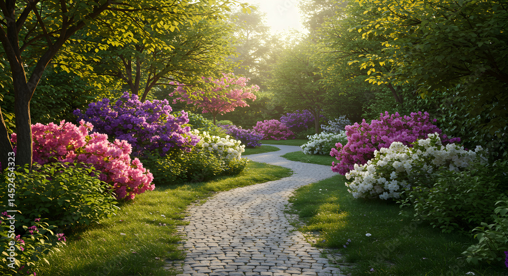 Fototapeta premium Serene Garden Pathway With Blossoming Azaleas On A Bright Spring Day