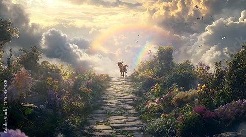 Dog Walking on Rainbow Bridge Path to Heaven, Colorful Flower Garden
