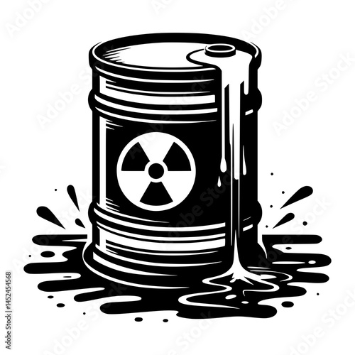 Leaking radioactive waste barrel icon, toxic waste hazard symbol, environmental pollution warning, nuclear contamination concept, industrial safety illustration, vector graphic for infographics