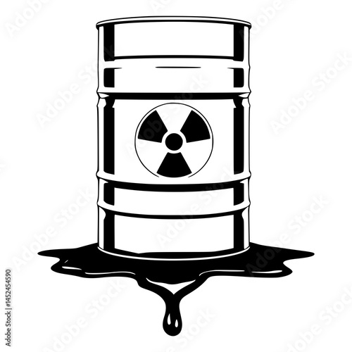 Leaking radioactive waste barrel icon, toxic waste hazard symbol, environmental pollution warning, nuclear contamination concept, industrial safety illustration, vector graphic for infographics