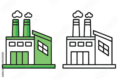 Green factory emits smoke, displayed next to its outline version for coloring book cover