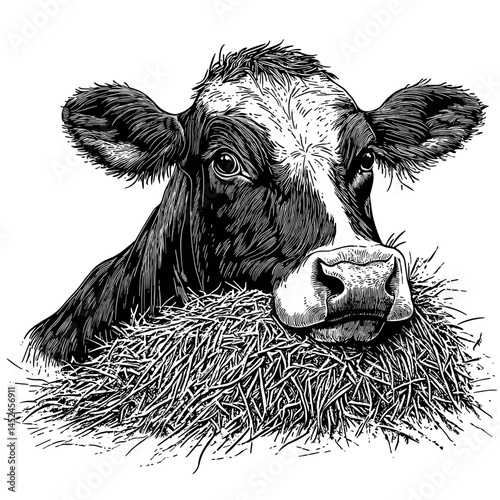 Vintage wood block print style cow eating hay, black sketch, old engraving style, rustic farm animal art, antique livestock illustration, country farmhouse wall art, barn decor,