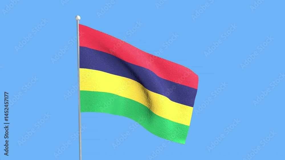 The national flag of Mauritius flutters in the blue sky.