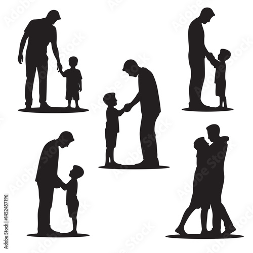 set of black vector father and son, father and child silhouette, ather hugging son, bonding, holding up, playing, outline coloring book page line art drawing silhouettes