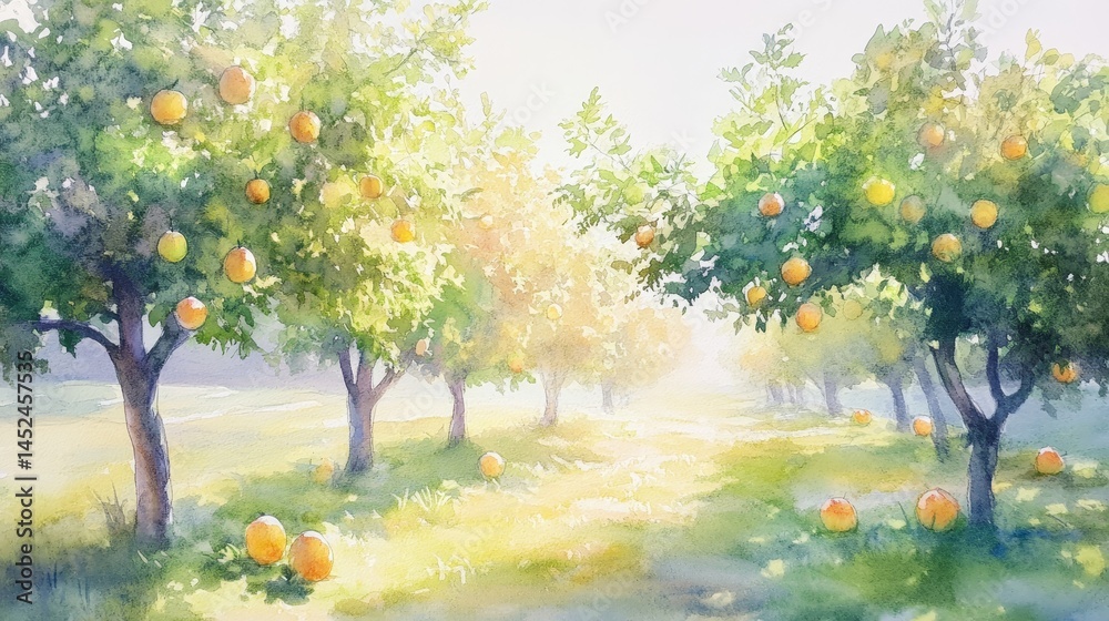 Obraz premium Sunlit Orange Grove - A picturesque watercolor painting of a sun-drenched orange grove, showcasing vibrant trees laden with ripe fruit and a tranquil, grassy landscape