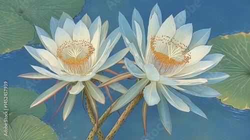 Stunning watercolor illustration of two night-blooming cereus flowers in a pond.