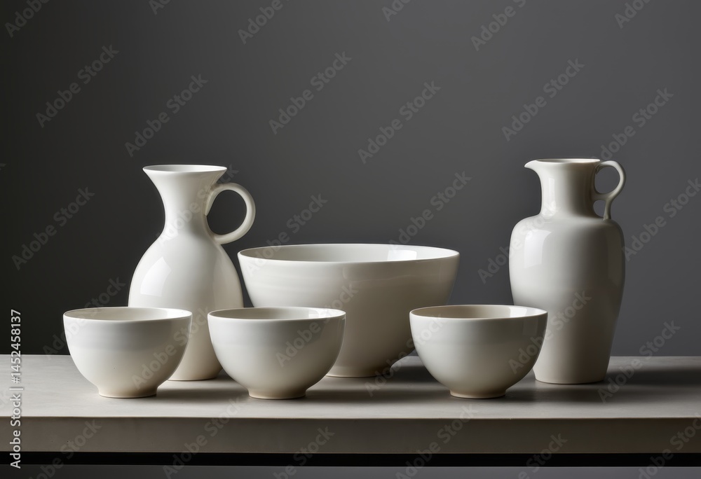 There are four white bowls and two white vases on a table There are four white bowls and two white vases on a table