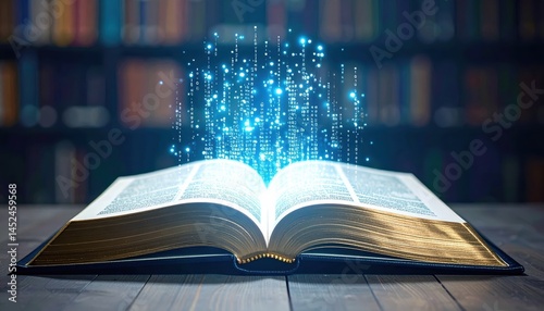 Open book with glowing digital data stream, symbolizing knowledge and technology fusion, on wooden table in library background