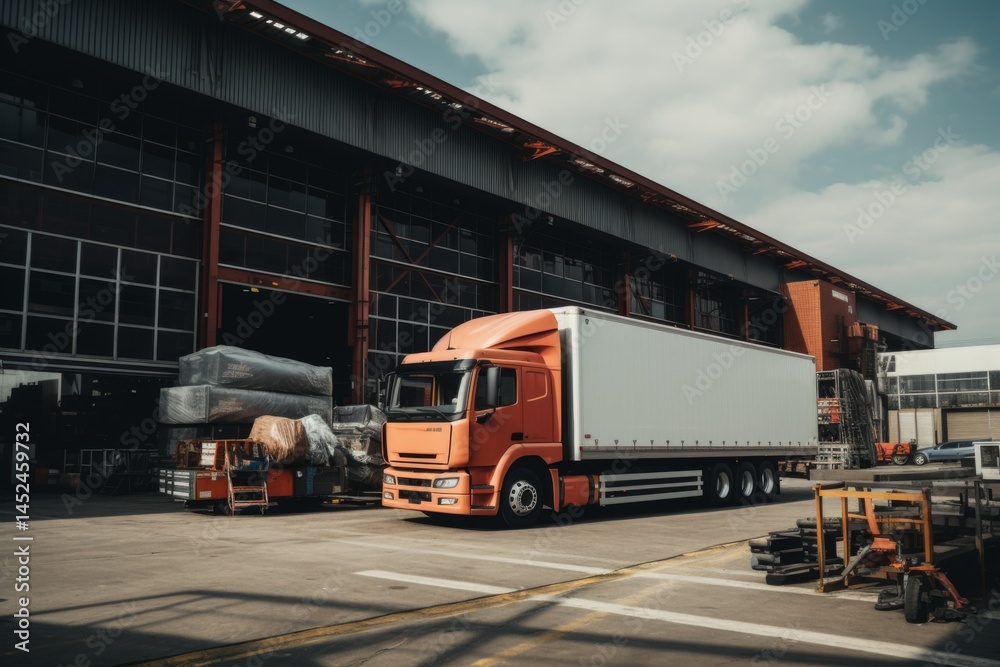 Fototapeta premium Commercial truck next to a warehouse and pallets
