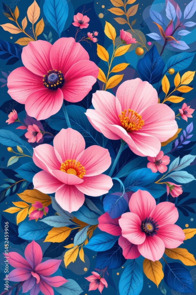 Pink Floral Arrangement on Blue Background