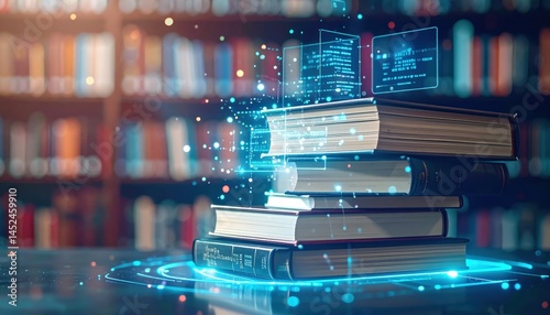 Stacked books with glowing digital elements, representing the fusion of traditional literature and modern technology in a library setting