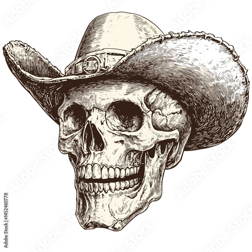 Cowboy Skull vector, old woodcut style, vintage black sketch, hand drawn western art, outlaw skull illustration, rustic style engraving, American west design, retro tattoo skull,