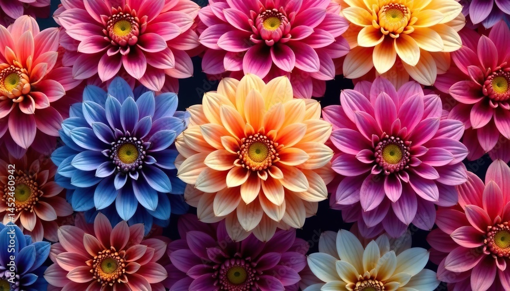 Intricate dahlia blooms, vibrant hues, repeating pattern, wallpaper, bloom Intricate dahlia blooms, vibrant hues, repeating pattern, wallpaper, bloom