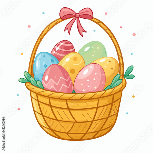 Create a vector illustration of a bold-stroked basket overflowing with ripe, colorful Easter eggs.  Include intricate details and vibrant colors.
