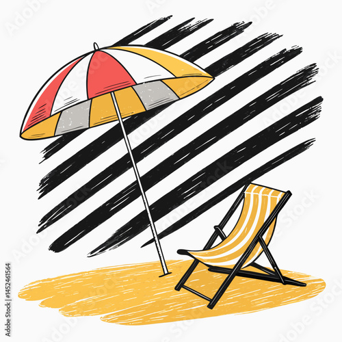 Create a bold, vector illustration of a beach umbrella with thick black outlines, suitable for a vibrant summer design.  Include detailed shading and highlights.