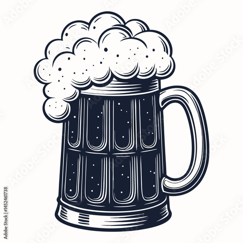 Create a vector illustration of a bold, thick-stroked beer mug overflowing with frothy foam.  Illustrate realistic texture and highlights.