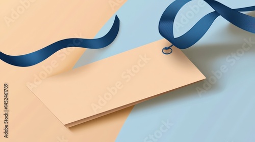 Elegant blank gift tag with blue ribbon on pastel background for celebrations and promotions