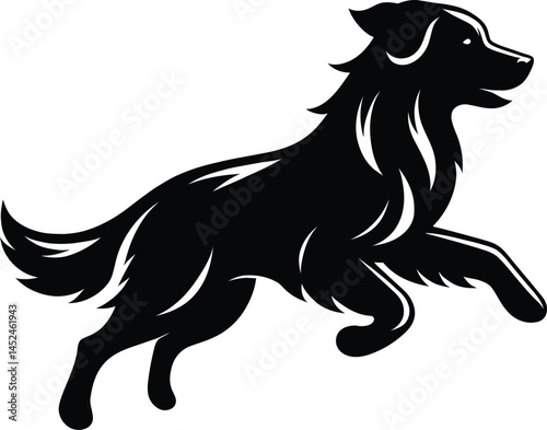 A black and white vector illustration of a running dog silhouette, a wild and cartoonish animal design