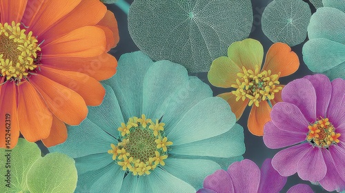 Vibrant close-up of colorful zinnia flowers and green leaves on a dark background