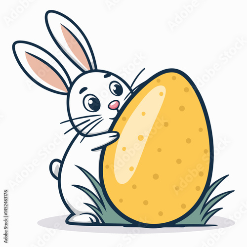 Create a bold, vector illustration of a playful bunny partially hidden behind an object, emphasizing thick outlines and a cartoonish style.