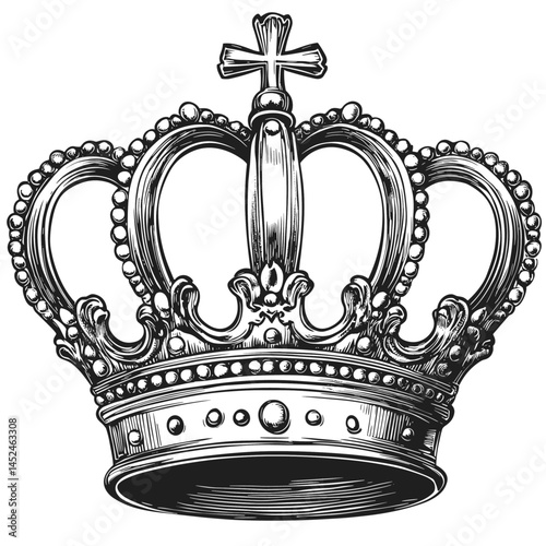 Black vintage crown, woodcut vector sketch, engraving style art, antique monarch symbol, classic heraldic crown, detailed royal illustration, old fashioned etching, medieval style