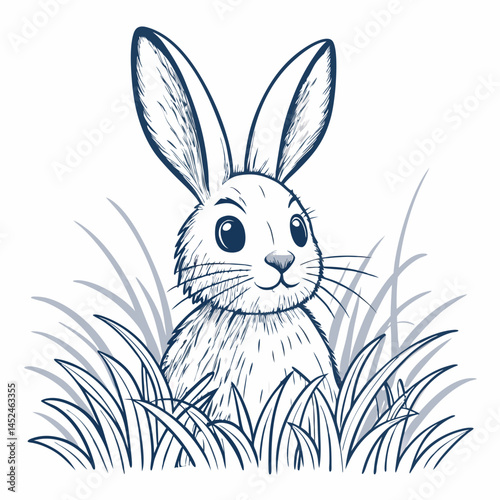 Create a bold, vector illustration of a cute bunny rabbit peeking playfully from behind a circular frame, featuring a thick, black outline.