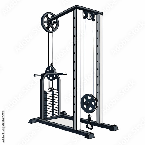 Create a bold vector illustration of a cable pulley system, emphasizing thick lines and strong contrasts, suitable for industrial design.
