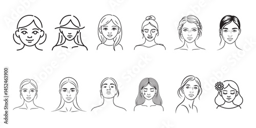 Set of line art different woman face vector. Woman head icon. Woman face silhouette. Vector illustration eps 10