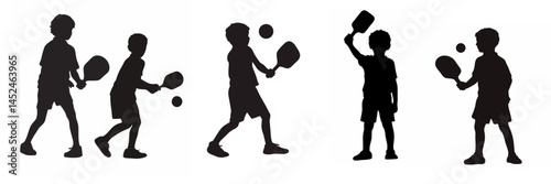 Vector silhouette of little boy playing pickleball. Concept of sports, game, competition.