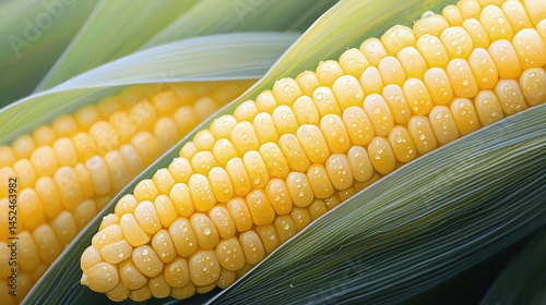 Close Up of Ripe Yellow Corn with Green Husks photo