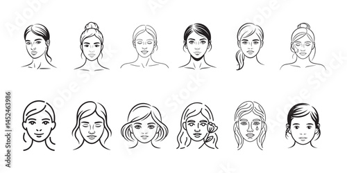 Set of line art different woman face vector. Woman head icon. Woman face silhouette. Vector illustration eps 10