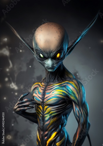 Mysterious Alien Creature with Glowing Eyes and Intricate Body Markings