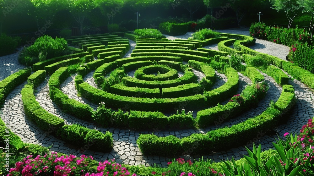 Serene Garden Maze Design Surrounded by Lush Greenery and Flowers Serene Garden Maze Design Surrounded by Lush Greenery and Flowers