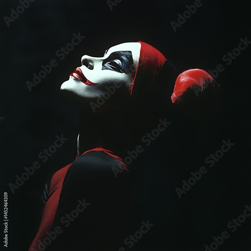 Mysterious Harlequin Woman with Red Hair and Dramatic Makeup
