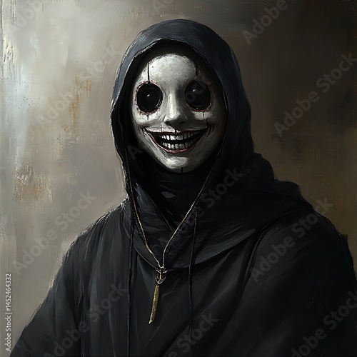 Mysterious Hooded Figure with Disturbing Mask Smiling Creepy Portrait Illustration
