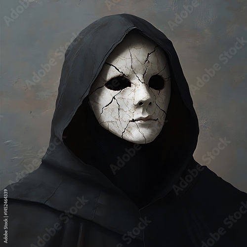 Mysterious Hooded Figure with Cracked Mask, Dark Cloak, Digital Illustration