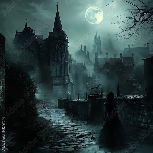 Mysterious Gothic Town Under Moonlight, Woman in Dark Dress